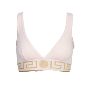 Versace pink cotton blend triangle bralette with gold-tone Greca underband and Medusa head emblem, featuring a V-neck and rear clasp fastening, available at Lestyle Boutique 136 Little Collins St.