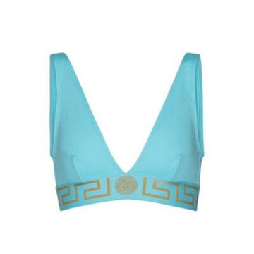 Versace splash blue cotton blend triangle bralette with gold-tone Greca underband and Medusa head emblem, V-neck cut, and rear clasp fastening, available at Lestyle Boutique 136 Little Collins St.