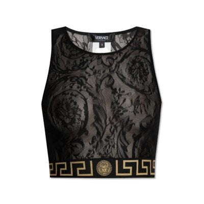 Versace black lace crop top with Greca border and Medusa logo, featuring wide straps, rounded neckline, and semi-transparent floral lace, available at Lestyle Boutique 136 Little Collins St.
