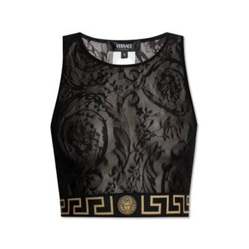 Versace black lace crop top with Greca border and Medusa logo, featuring wide straps, rounded neckline, and semi-transparent floral lace, available at Lestyle Boutique 136 Little Collins St.