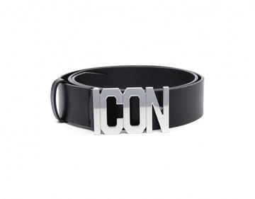Black belt with a silver 'ICON' buckle on a white background