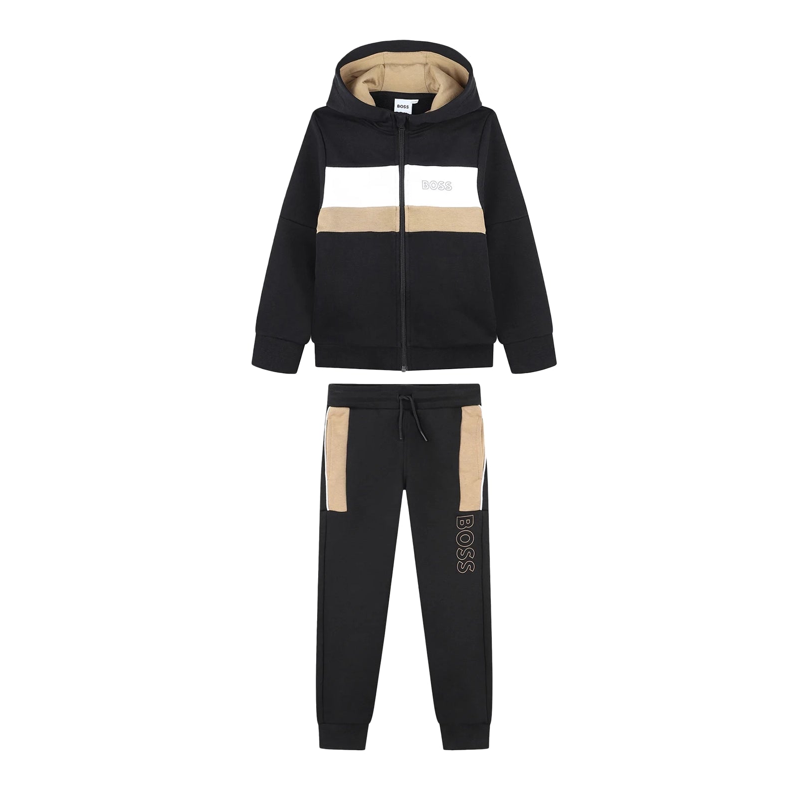 BOSS Kidswear black and beige striped tracksuit, available at Lestyle Boutique.