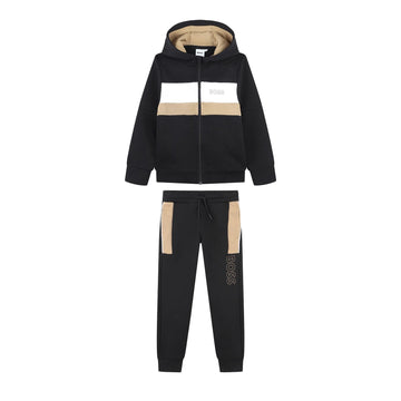 BOSS Kidswear black and beige striped tracksuit, available at Lestyle Boutique.