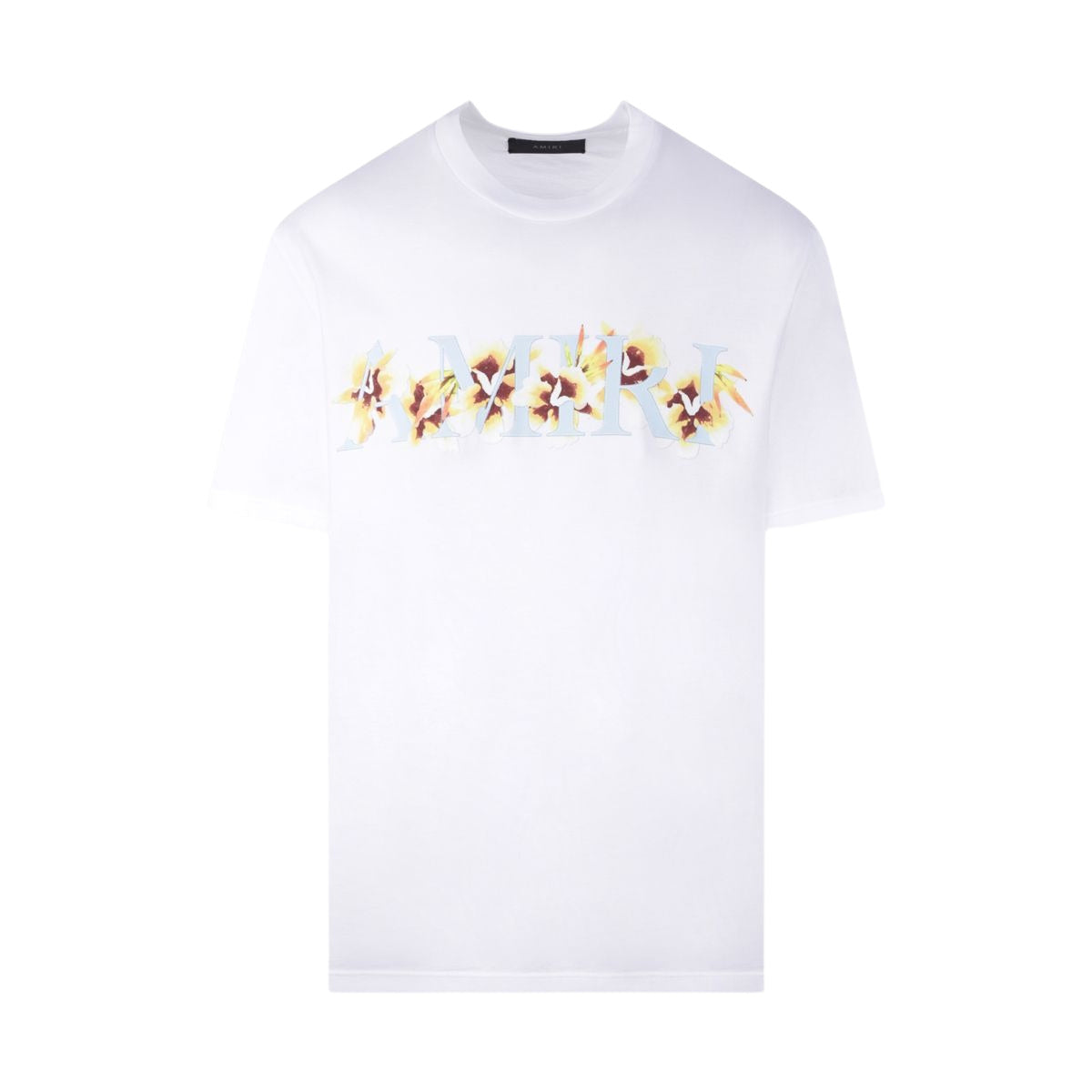 Amiri white cotton t-shirt featuring a vibrant floral logo print across the chest. This premium designer piece showcases a classic crew neck design with a regular fit, perfect for casual outings or stylish layering. The high-quality cotton construction ensures comfort and durability, making it an ideal choice for fashion-forward individuals. Elevate your wardrobe with this luxurious t-shirt, available at Lestyle Boutique Melbourne.
