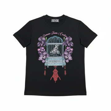 Versace Jeans Couture T-shirt featuring a vibrant cage and purple floral graphic available at Lestyle Boutique Melbourne