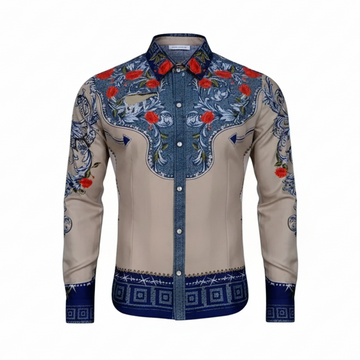 Beige shirt with blue and red floral embroidery on a white background