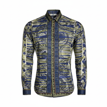 Patterned shirt with blue and green design on a white background
