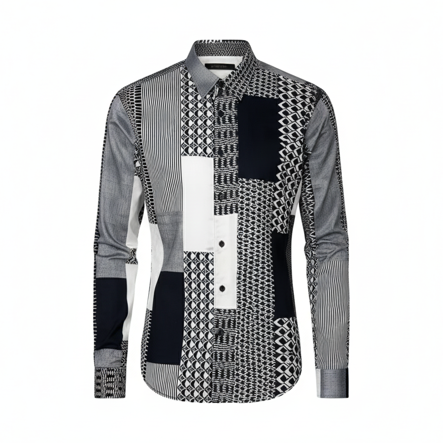 Patterned shirt with geometric design on a white background