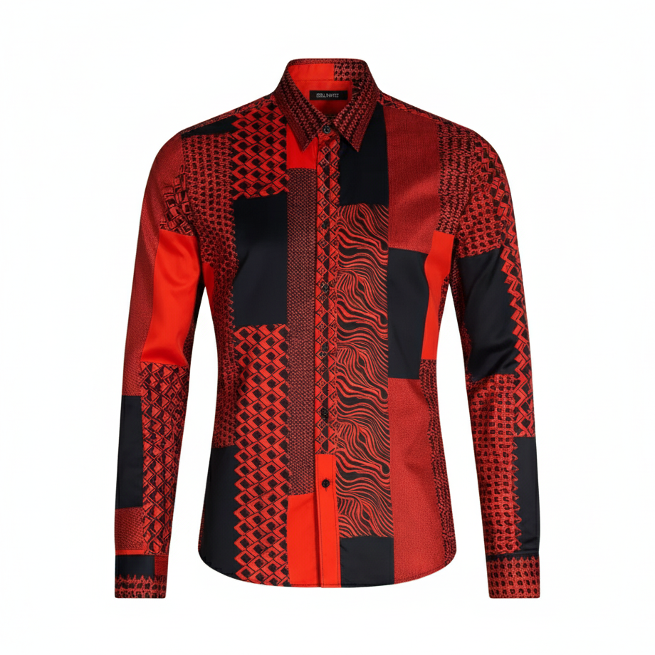 Red and black patterned shirt on a white background
