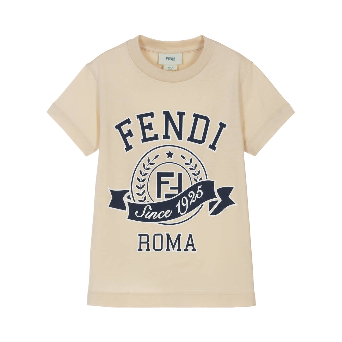Fendi Kids beige cotton stamp logo T-shirt, available at Lestyle Boutique Melbourne. A stylish and comfortable choice for casual wear.
