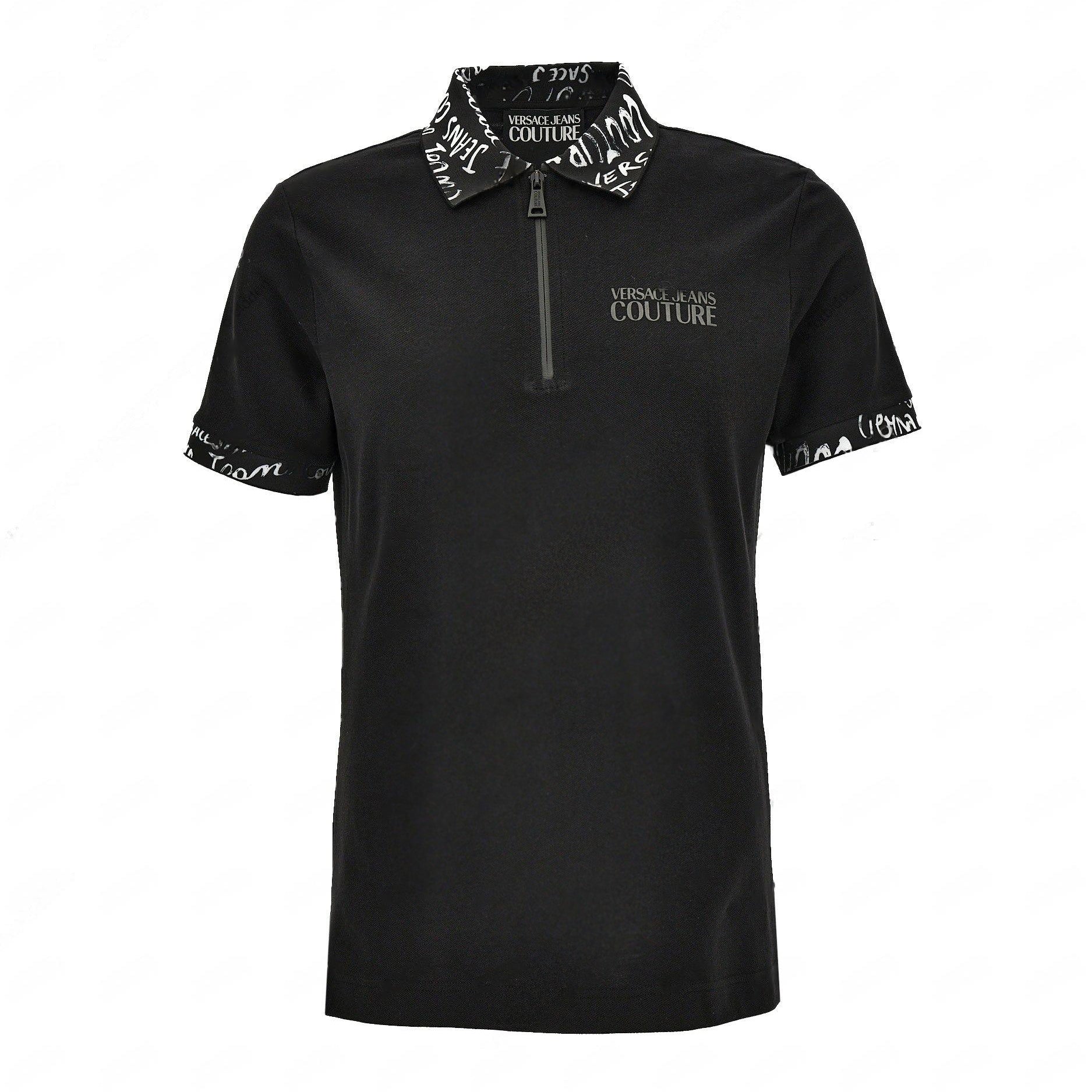 Versace Jeans Couture Black Zip Collar Polo Shirt, featuring a contrast-print collar and sleeves, with a front zipper detail for a modern touch, available at Lestyle Boutique.