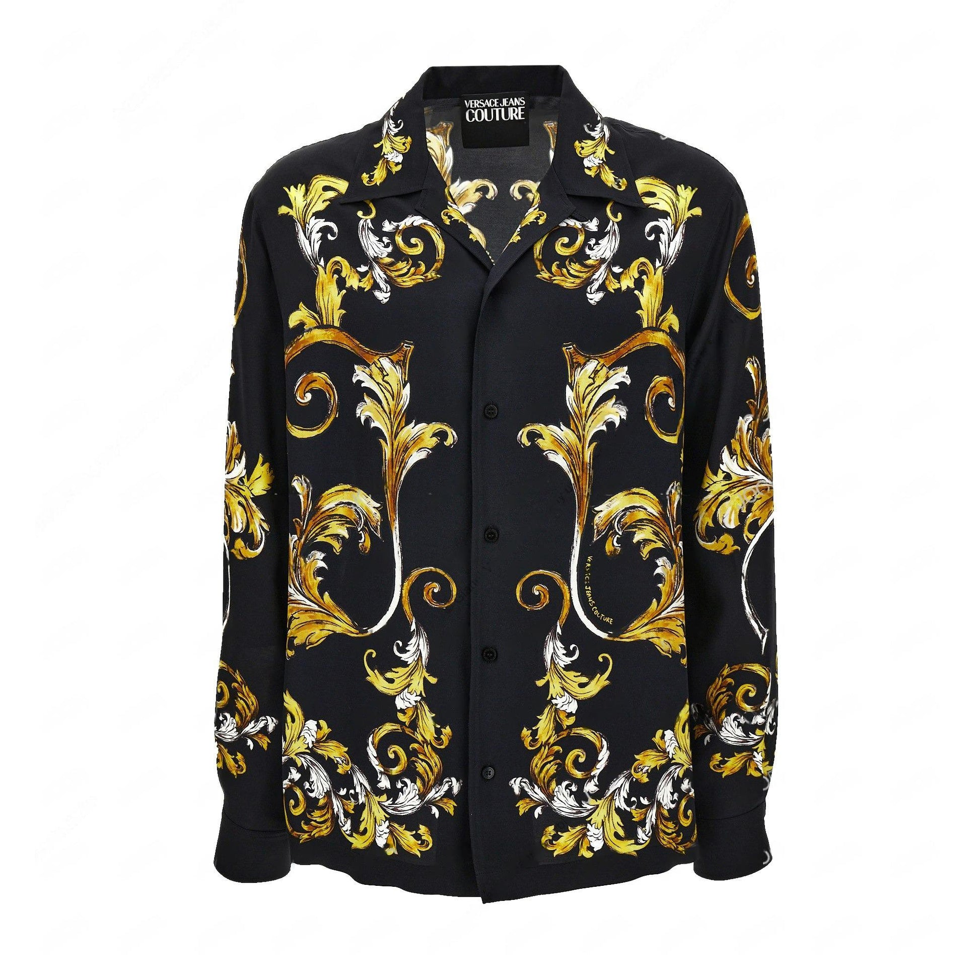 Versace Jeans Couture Long Sleeve Barocco Shirt in black and gold, adorned with an iconic Barocco pattern, perfect for refined styling and bold fashion statements, available at Lestyle Boutique.