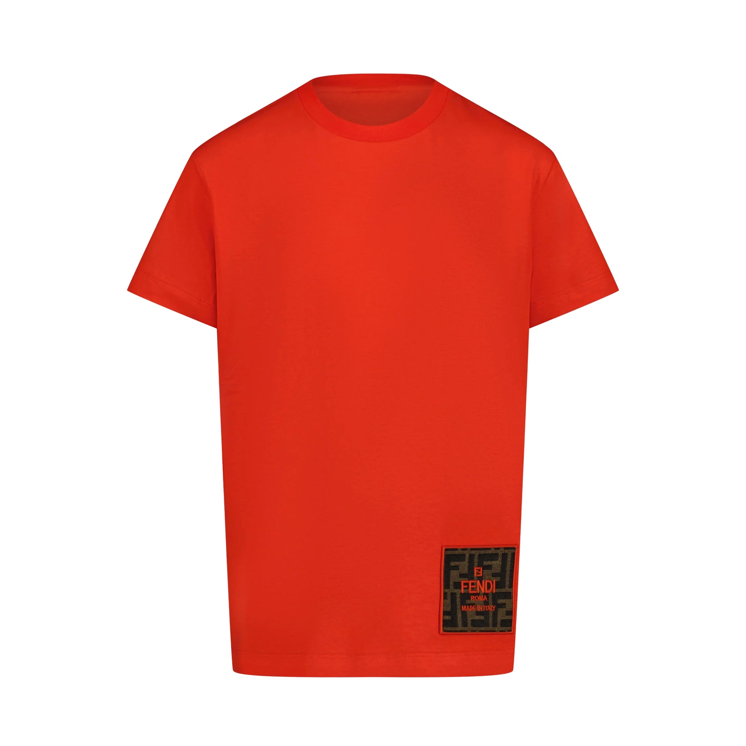Fendi Kids red t-shirt with FF logo patch on the lower front, a vibrant addition to any stylish wardrobe, available at Lestyle Boutique Melbourne.