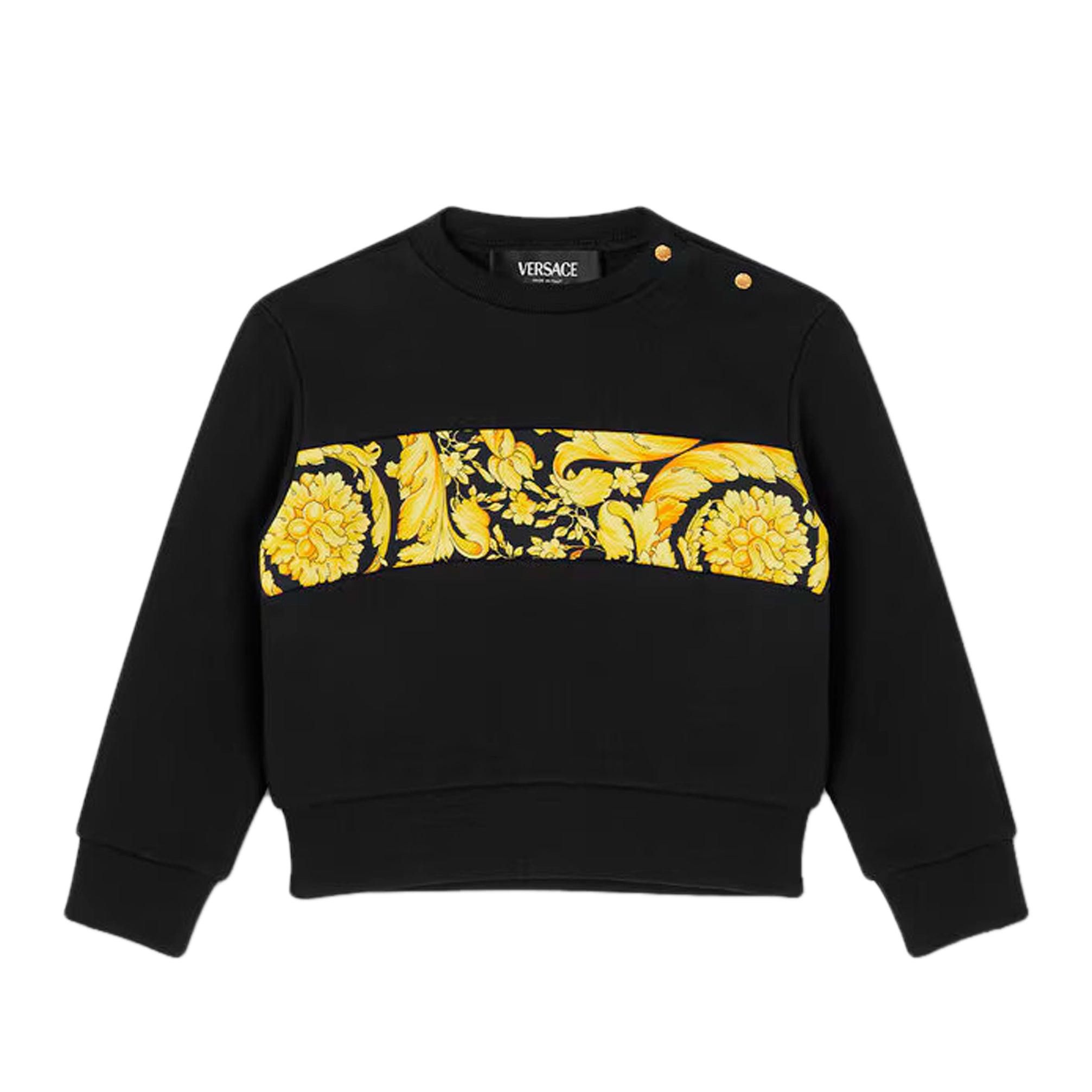 Versace Black Sweatshirt for Baby with Barocco Print in striking black and yellow colourway, featuring snap-button shoulder closures and ribbed cuffs for style and functionality, available at Lestyle Boutique.