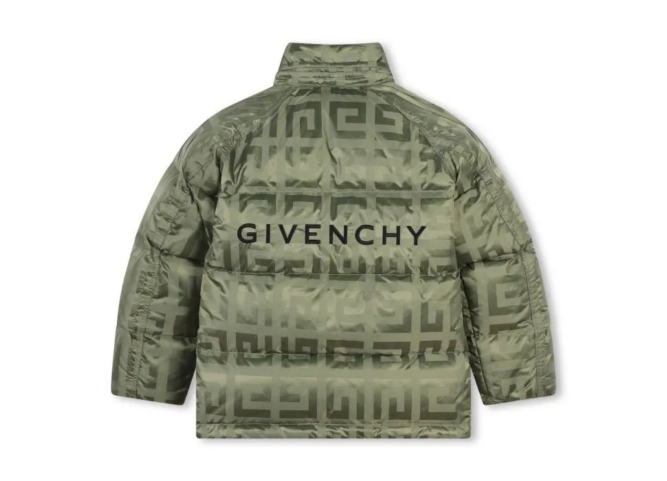 Givenchy children's green lightweight nylon puffer jacket with an all-over G-logo print, high neck, zipper closure, and two side pockets, available at Lestyle Boutique 136 Little Collins St.