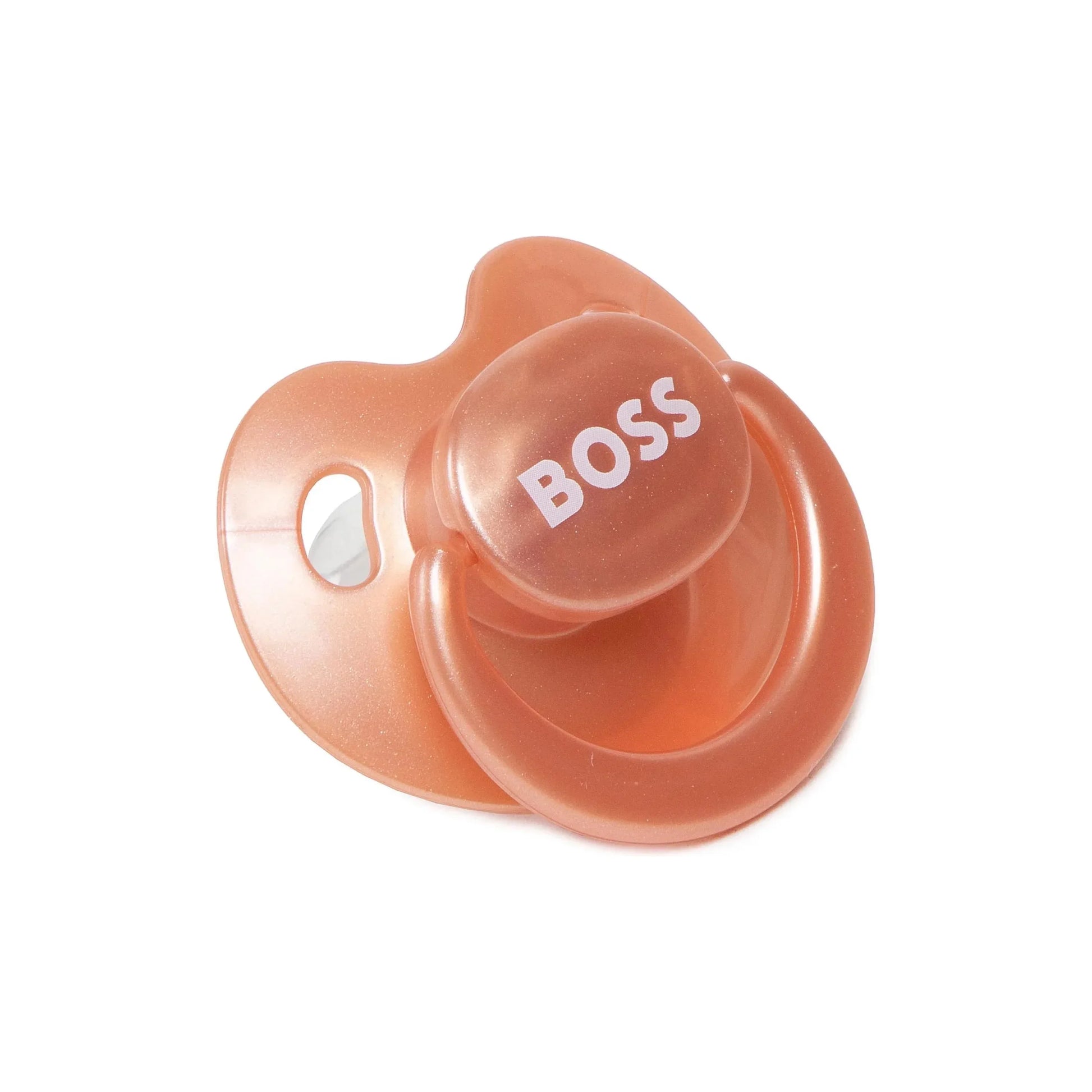 BOSS Kidswear logo-print dummy in a soft cooper shade, crafted from high-quality materials for safety and comfort. This stylish accessory features the iconic BOSS logo on the front and a single handle for easy gripping. Designed for infants, it combines functionality with a chic aesthetic, making it a perfect choice for modern parents. Available at Lestyle Boutique Melbourne.