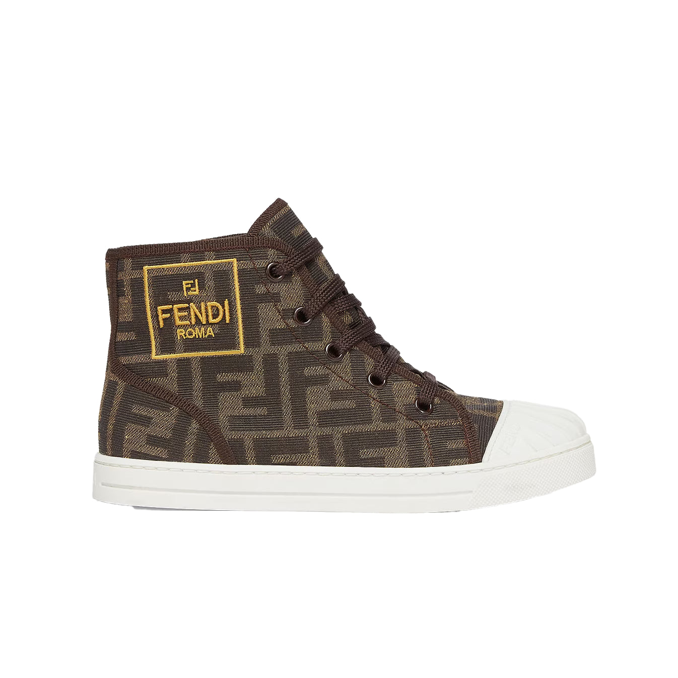 Fendi Junior high-top sneakers in tobacco FF jacquard fabric with Fendi Roma patch, available at Lestyle Boutique Melbourne.