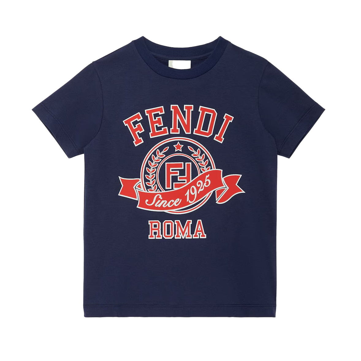 Fendi Kids navy t-shirt featuring the "Since 1925" Fendi Roma logo print, perfect for stylish everyday wear, available at Lestyle Boutique Melbourne.