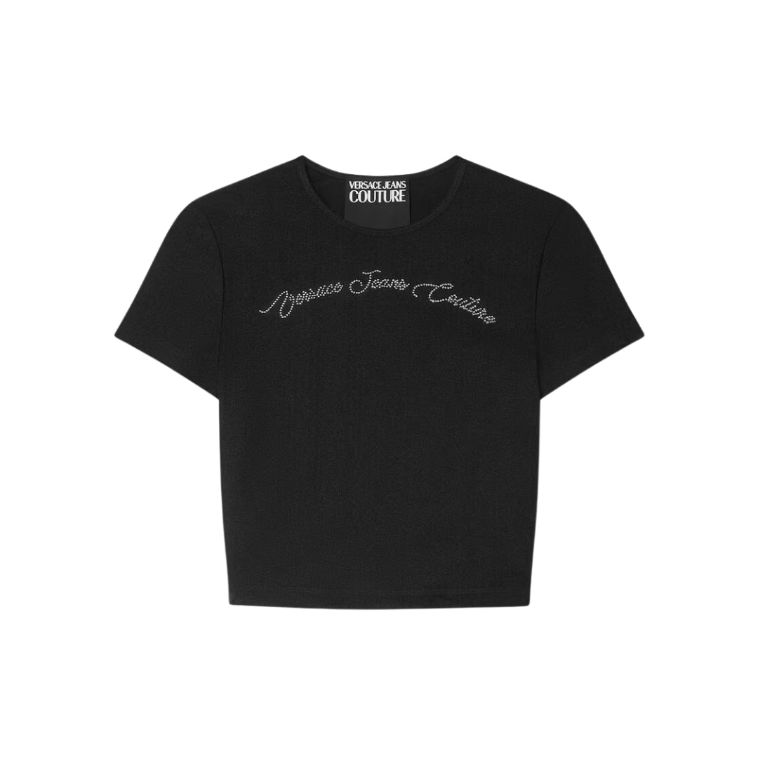 Versace Jeans Couture slim-fit cropped black T-shirt in shiny lycra with crystal-embellished Signature Institutional logo motif and crewneck design, available at Lestyle Boutique 136 Little Collins St.