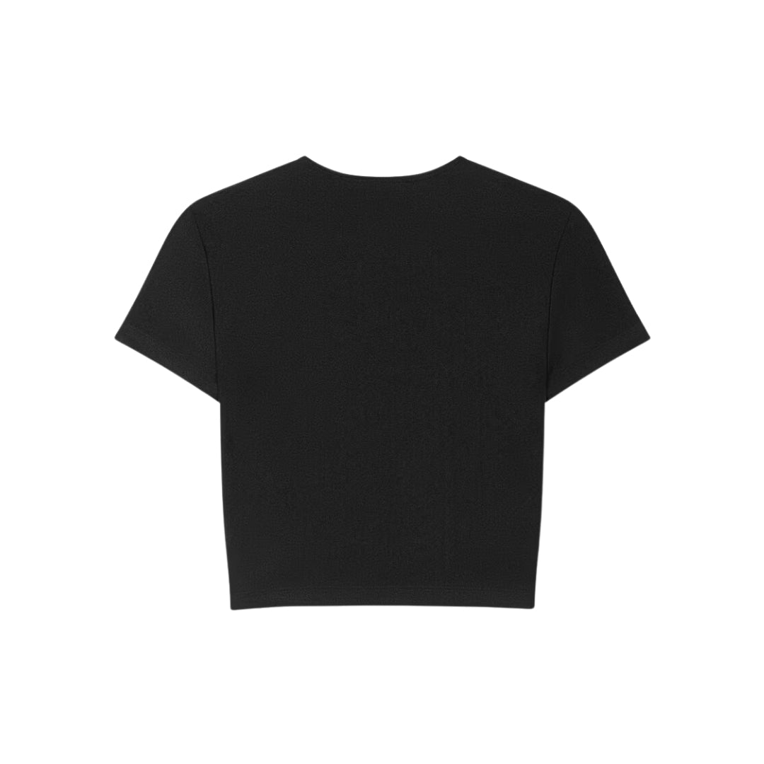 Versace Jeans Couture slim-fit cropped black T-shirt in shiny lycra with crystal-embellished Signature Institutional logo motif and crewneck design, available at Lestyle Boutique 136 Little Collins St.