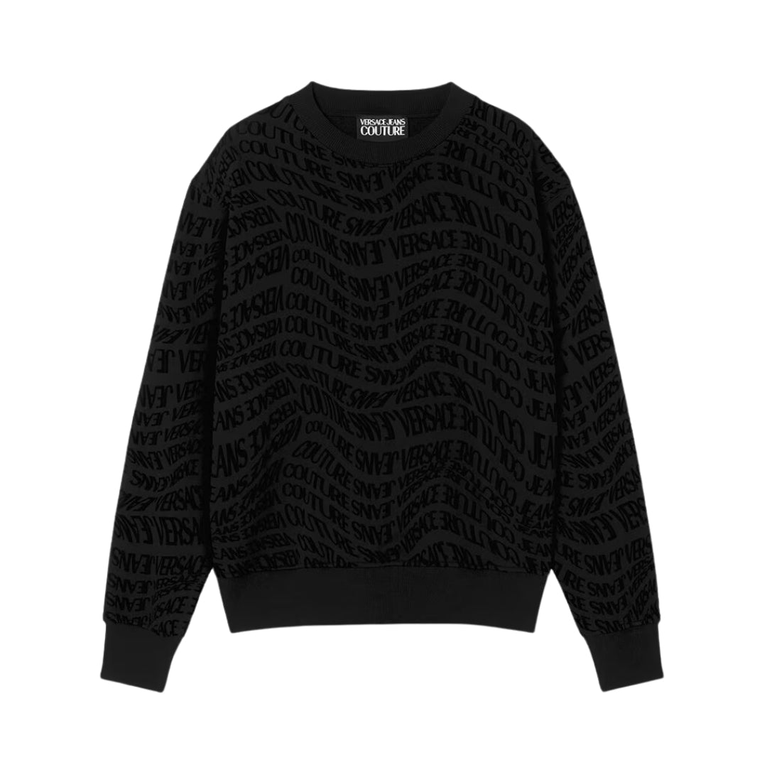 Versace Jeans Couture regular-fit black cotton sweatshirt with tonal velvet-flocked Liquify Logomania motif, long sleeves and ribbed trims, available at Lestyle Boutique 136 Little Collins St.