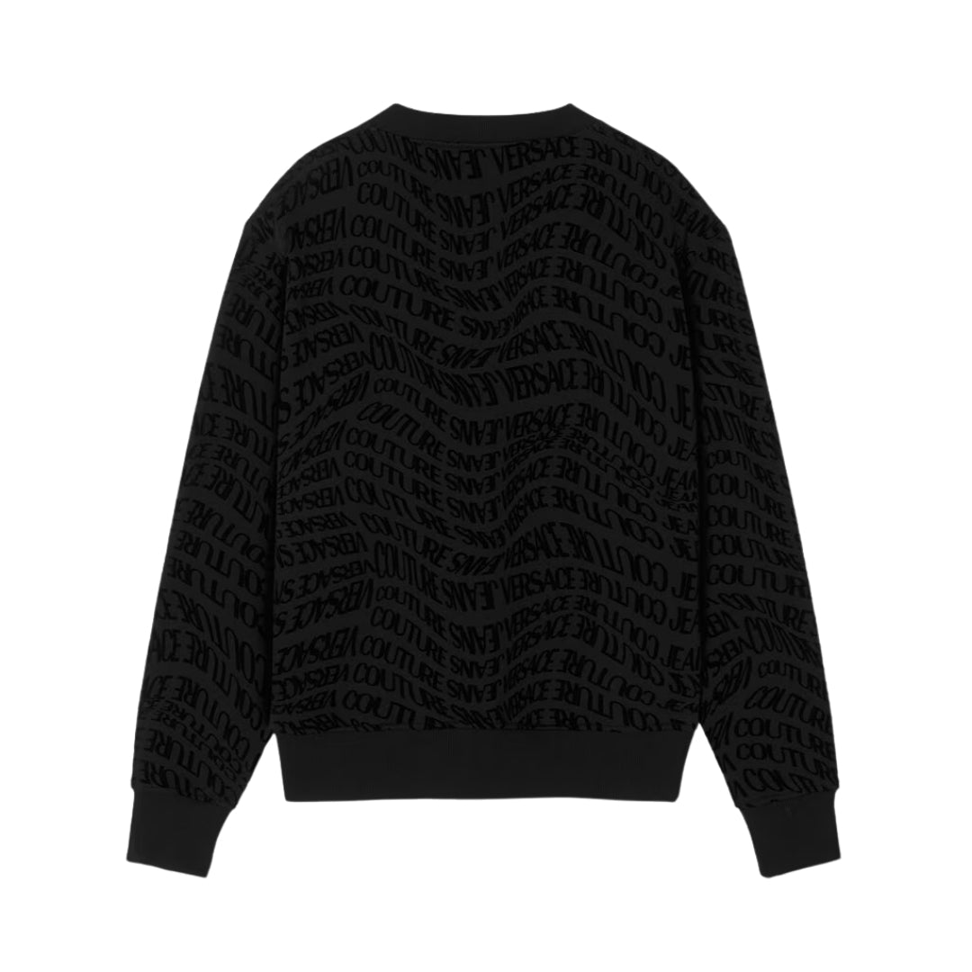 Versace Jeans Couture regular-fit black cotton sweatshirt with tonal velvet-flocked Liquify Logomania motif, long sleeves and ribbed trims, available at Lestyle Boutique 136 Little Collins St.