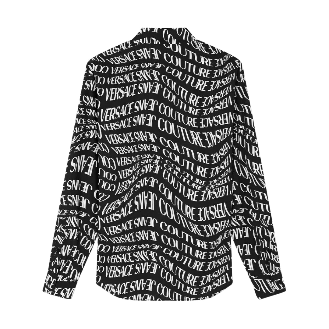 Versace Jeans Couture long-sleeved black cotton shirt with all-over white Liquify Logomania print, pointed collar, and buttoned cuffs, available at Lestyle Boutique 136 Little Collins St.