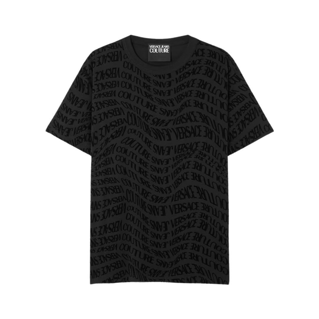 Versace Jeans Couture short-sleeved black cotton T-shirt with tonal velvet-flocked Liquify Logomania motif and crewneck design, available at Lestyle Boutique 136 Little Collins St.