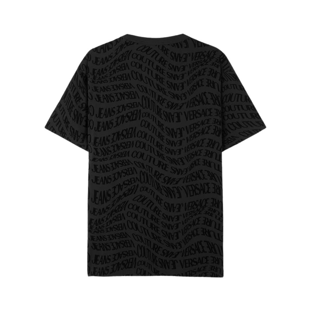 Versace Jeans Couture short-sleeved black cotton T-shirt with tonal velvet-flocked Liquify Logomania motif and crewneck design, available at Lestyle Boutique 136 Little Collins St.