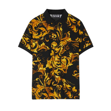 Versace Jeans Couture short-sleeved black and gold slim-fit polo shirt with all-over Porcelain Barocco print and three-button placket in cotton piqué, available at Lestyle Boutique 136 Little Collins St.