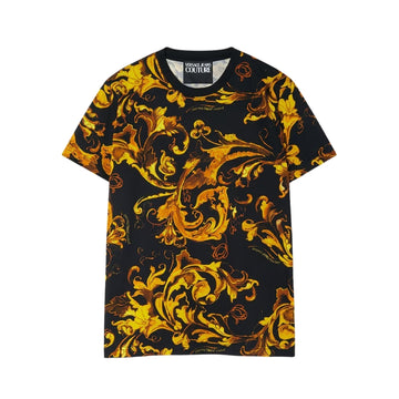 Versace Jeans Couture short-sleeved black and gold slim-fit T-shirt with all-over Porcelain Barocco print in cotton jersey, available at Lestyle Boutique 136 Little Collins St.