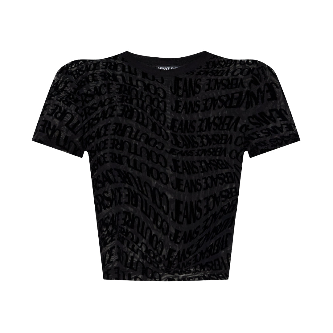 Versace Jeans Couture short-sleeved black T-shirt with all-over velvet-flocked logomania motif and semi-sheer finish, available at Lestyle Boutique 136 Little Collins St.