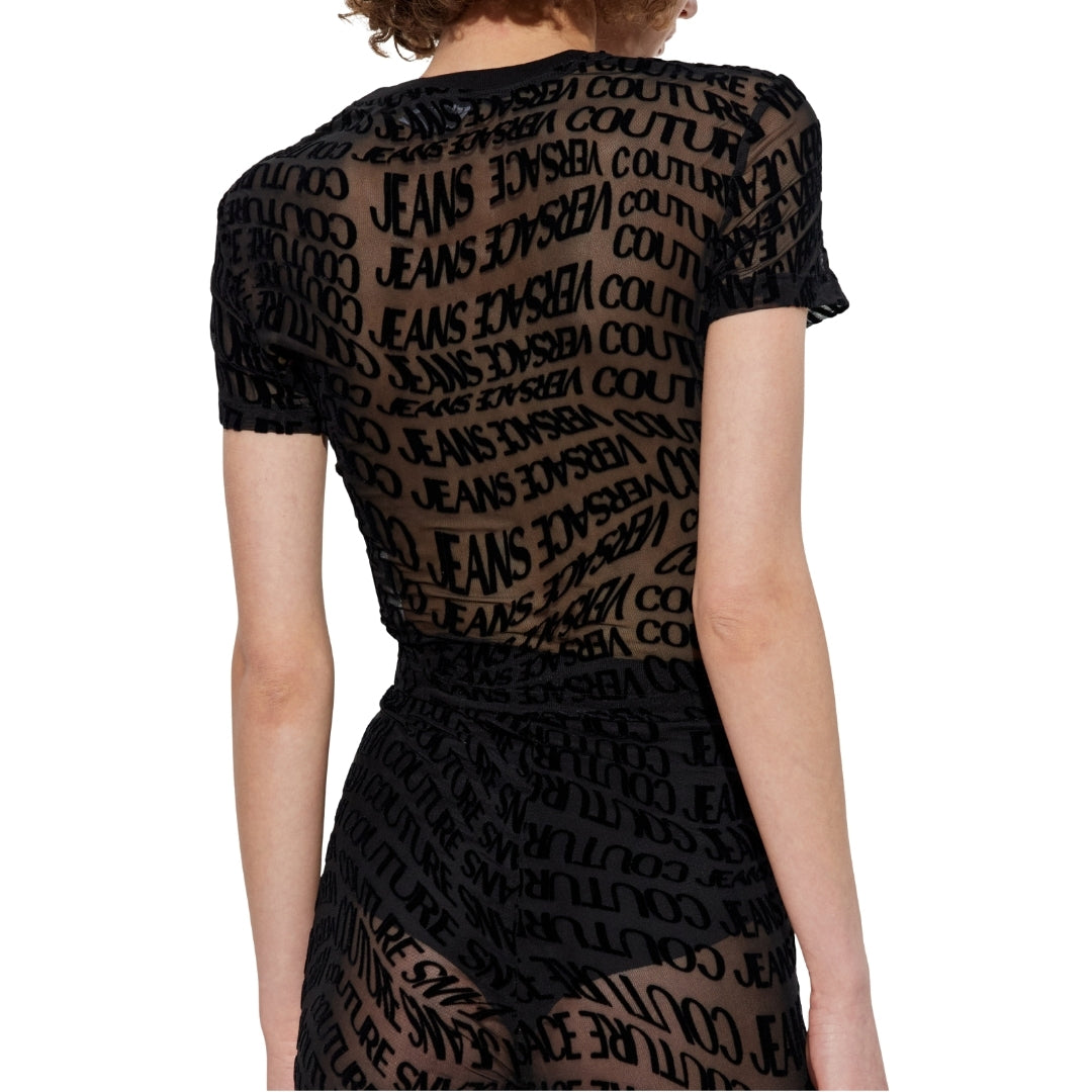 Versace Jeans Couture short-sleeved black T-shirt with all-over velvet-flocked logomania motif and semi-sheer finish, available at Lestyle Boutique 136 Little Collins St.