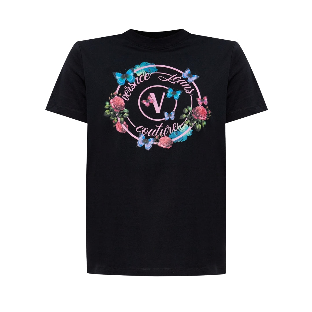 Versace Jeans Couture black cotton t-shirt featuring a colorful butterfly and floral wreath around the V-emblem logo print, round neckline, and short sleeves, available at Lestyle Boutique 136 Little Collins St.