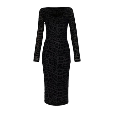 Versace Jeans Couture black midi dress in sheer mesh with all-over velvet monogram, featuring long fitted sleeves and a subtly rounded neckline, available at Lestyle Boutique 136 Little Collins St.