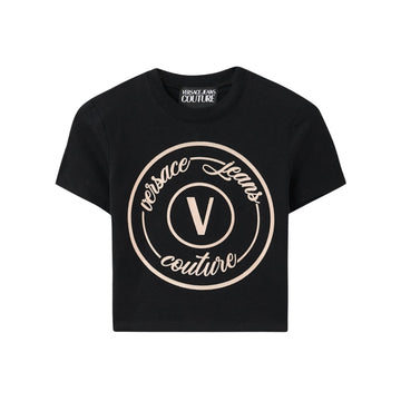 Versace Jeans Couture slim-fit black cotton T-shirt with velvet V-Emblem logo motif, short sleeves and crewneck, available at Lestyle Boutique 136 Little Collins St.
