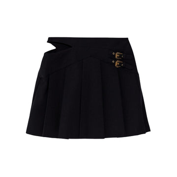 Black mini skirt by Versace Jeans Couture featuring a flared silhouette, wide waistband, gold decorative buckles, and a distinctive upper-side slit detail, available at Lestyle Boutique 136 Little Collins St.