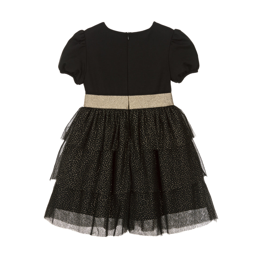 Moschino Kids Logo Patch Tulle Ruffle Dress in black and gold with a layered glittery skirt, perfect for special events, available at Lestyle Boutique Melbourne.