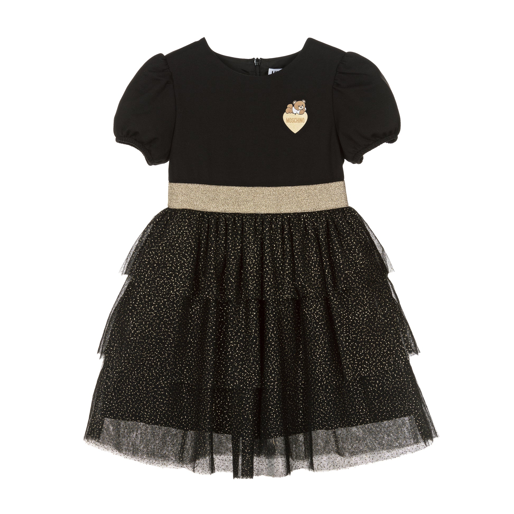 Moschino Kids Logo Patch Tulle Ruffle Dress in black and gold with a layered glittery skirt, perfect for special events, available at Lestyle Boutique Melbourne.