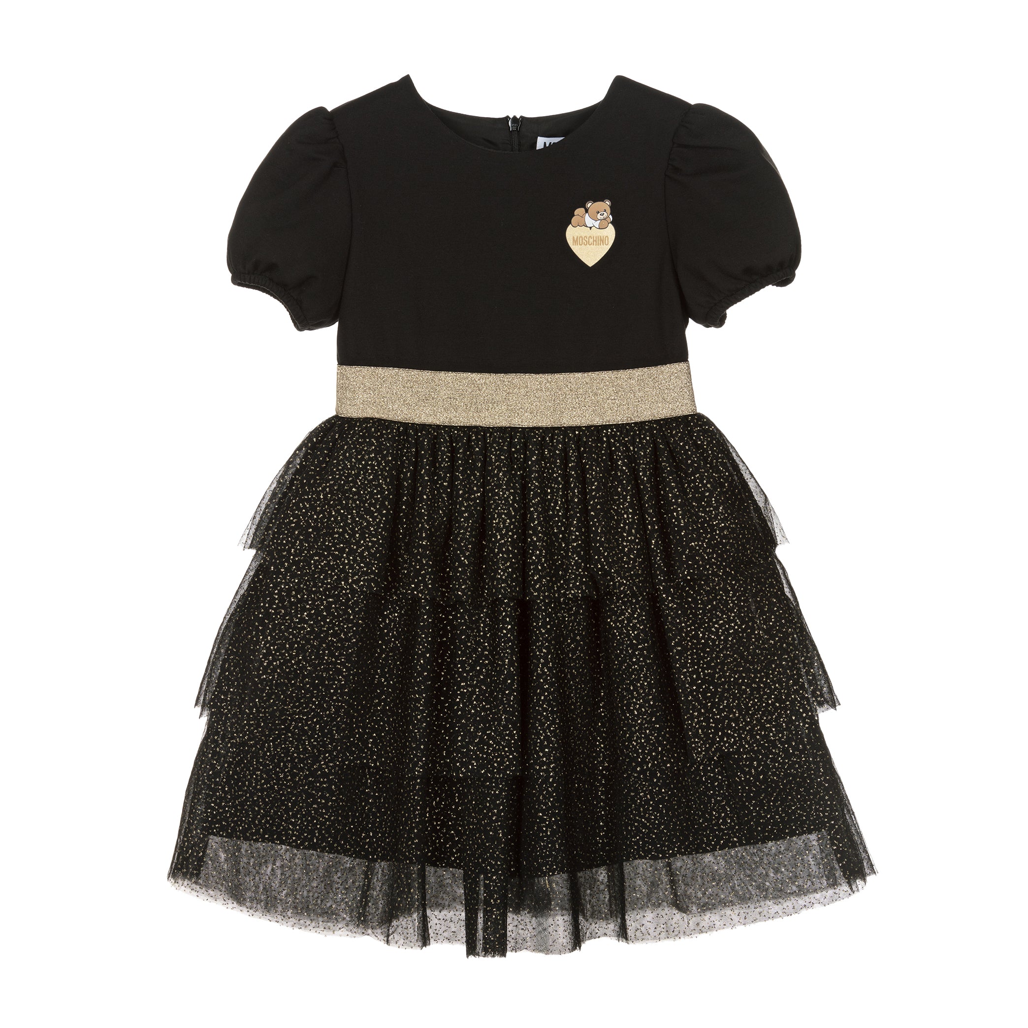 Moschino Kids Logo Patch Tulle Ruffle Dress in black and gold with a layered glittery skirt, perfect for special events, available at Lestyle Boutique Melbourne.