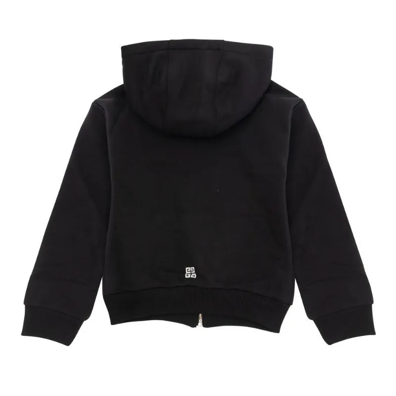 Givenchy Kids black zip-up hoodie with a split chest logo print, hood, and full zip front, available at Lestyle Boutique 136 Little Collins St.