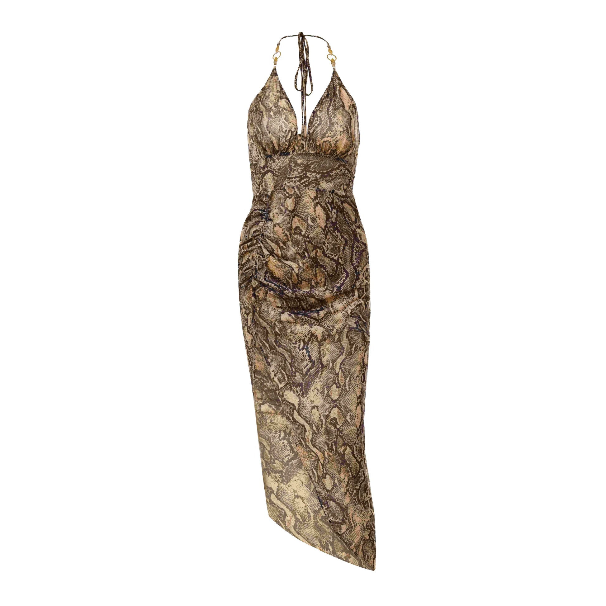 Just Cavalli Long Asymmetric Dress in Python Print Marzipan with a striking silhouette, available at Lestyle Boutique.