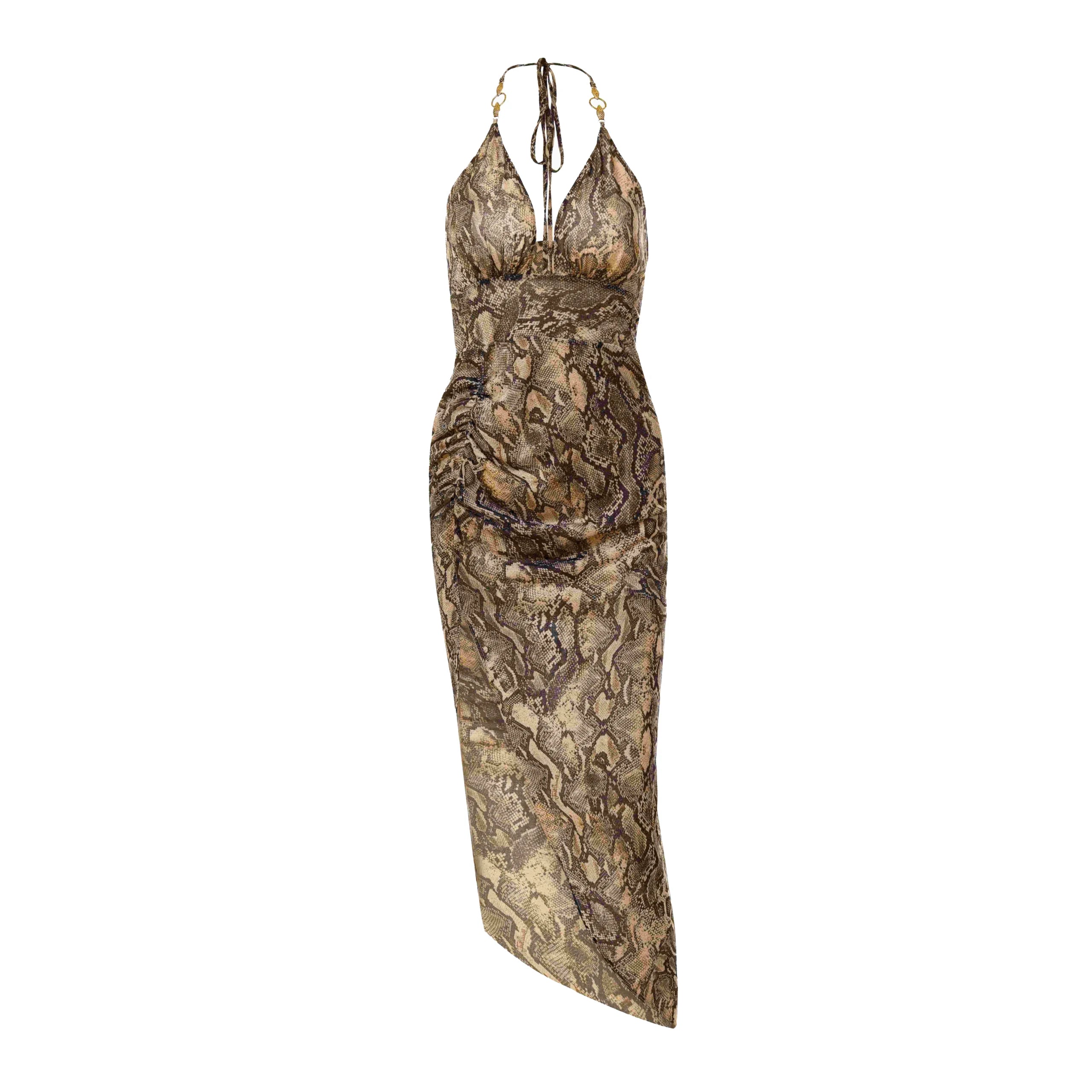 Just Cavalli Long Asymmetric Dress in Python Print Marzipan with a striking silhouette, available at Lestyle Boutique.