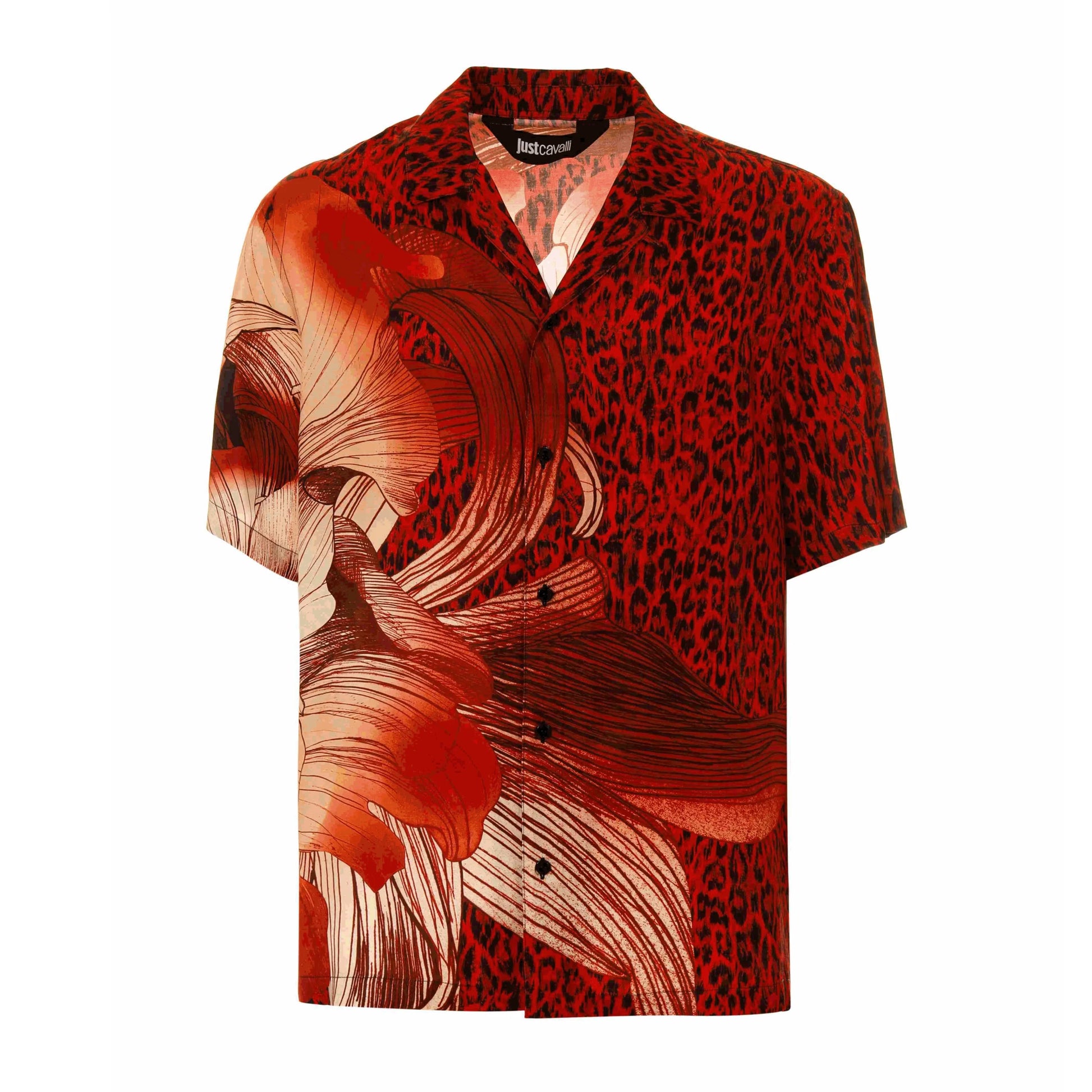 Just Cavalli Placed Flower Leo Shirt in Barbados Cherry with floral and leopard patterns, available at Lestyle Boutique.