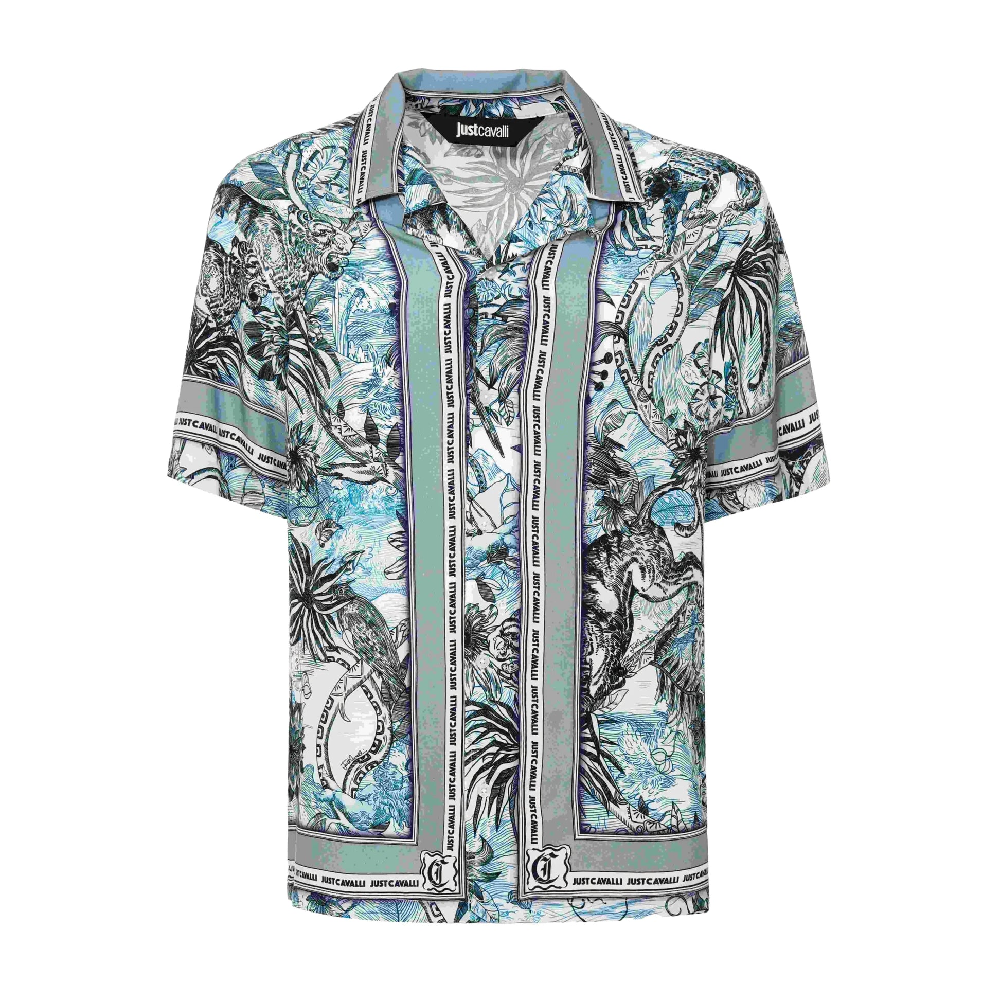 Just Cavalli Regular Bowling Shirt in Medieval Blue with bold nature-inspired prints, available at Lestyle Boutique.