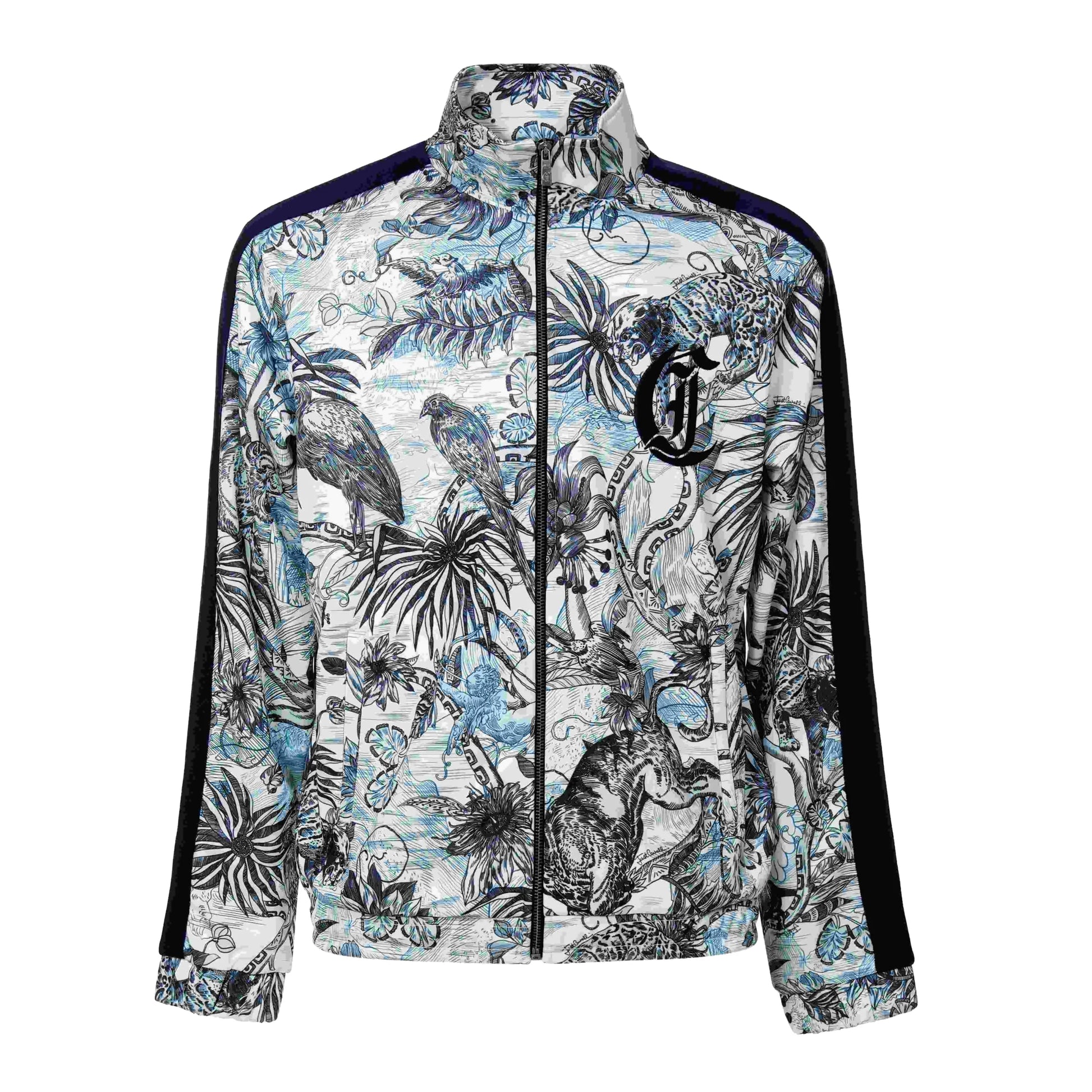 Just Cavalli Strange Jungle Sweatshirt in Medieval Blue/White with jungle print, available at Lestyle Boutique.
