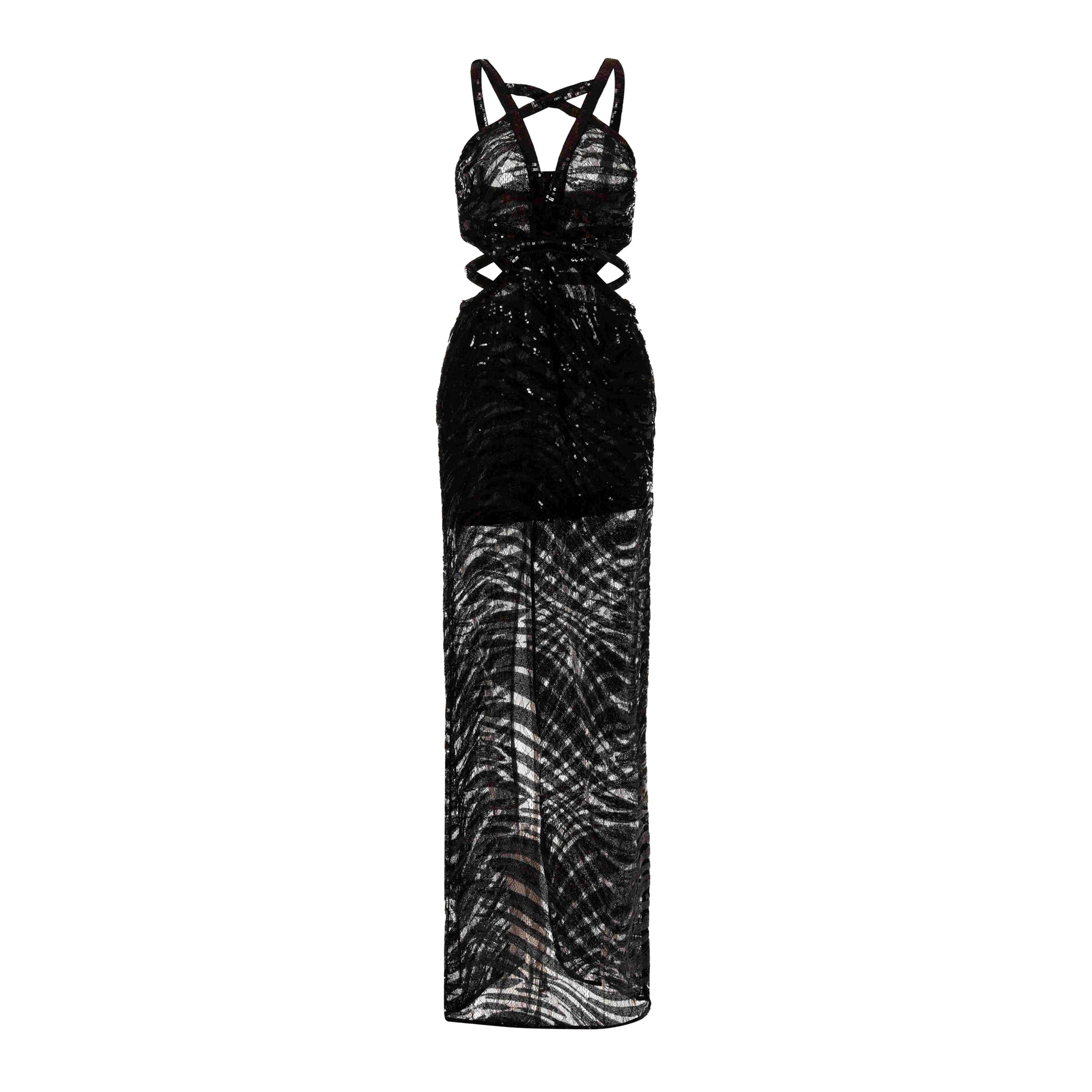 Just Cavalli Long Lace Tiger Dress in Black with shimmering pizzo paillettes and tiger lace design, available at Lestyle Boutique.
