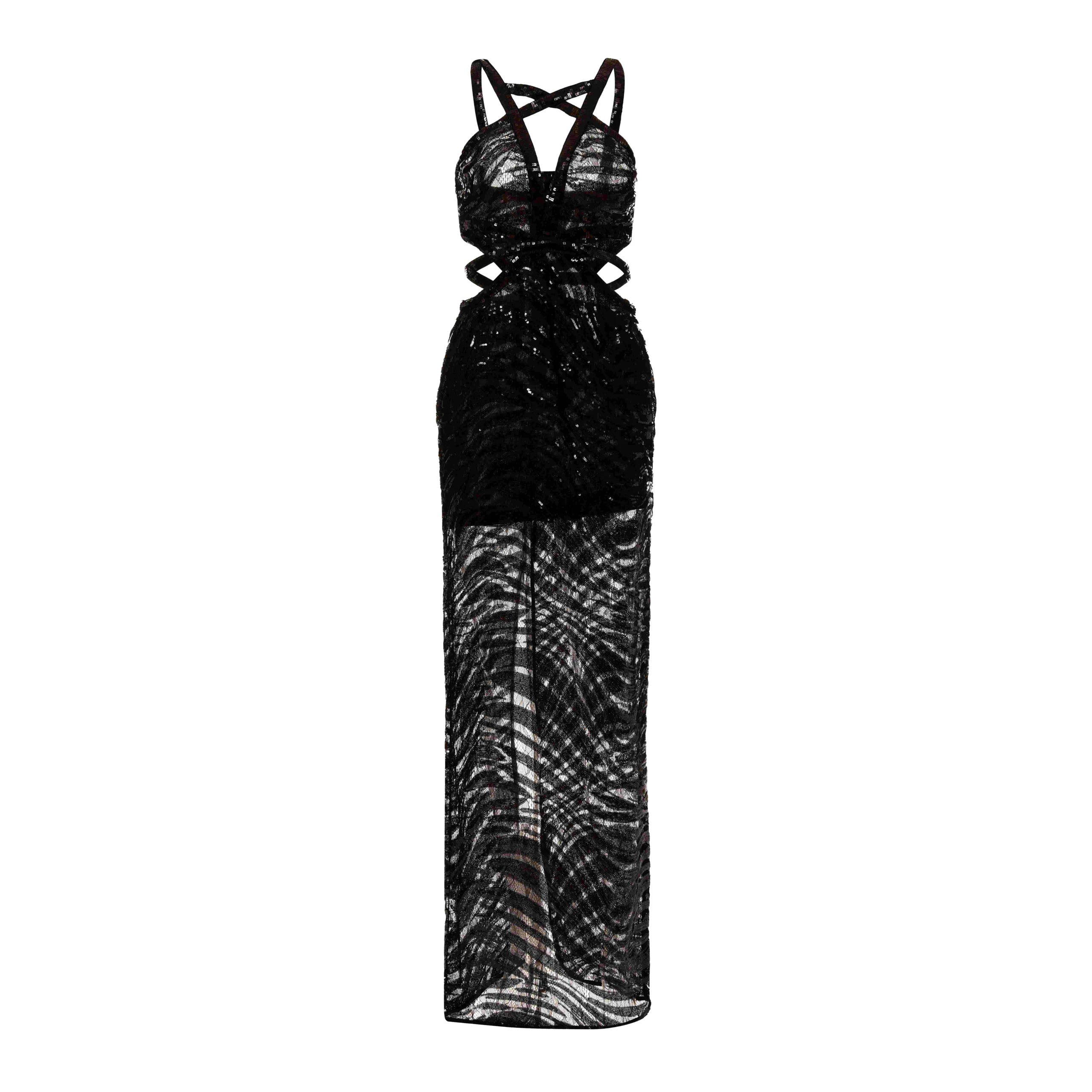 Just Cavalli Long Lace Tiger Dress in Black with shimmering pizzo paillettes and tiger lace design, available at Lestyle Boutique.