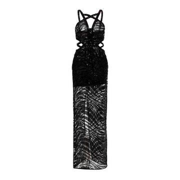 Just Cavalli Long Lace Tiger Dress in Black with shimmering pizzo paillettes and tiger lace design, available at Lestyle Boutique.
