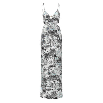 Just Cavalli Long Element Dress Raso VI Strange Jungle in Medieval Blue with an exotic print, perfect for summer soirées, available at Lestyle Boutique.